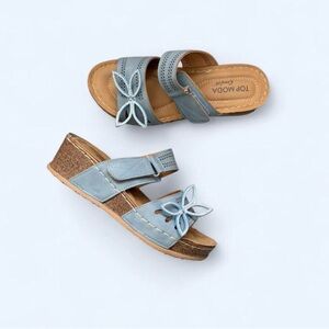TOP Moda Powder Blue Wedge Slide Sandals with Floral Cutouts